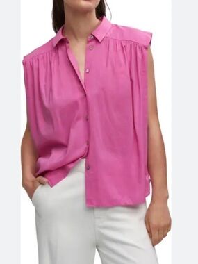 NWT Mango MNG Pink Sleeveless Button-Up Gathers Relaxed Fit Top XL